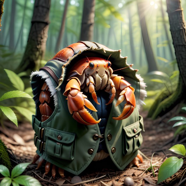 Drawing of a hermit crab in a vest in the forest