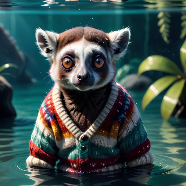 Image of a lemur in a sweater in the water