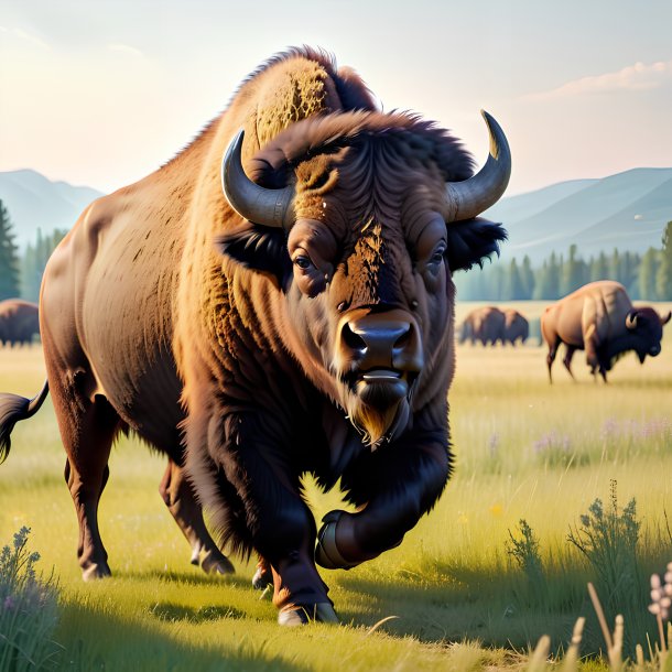 Photo of a dancing of a bison in the meadow