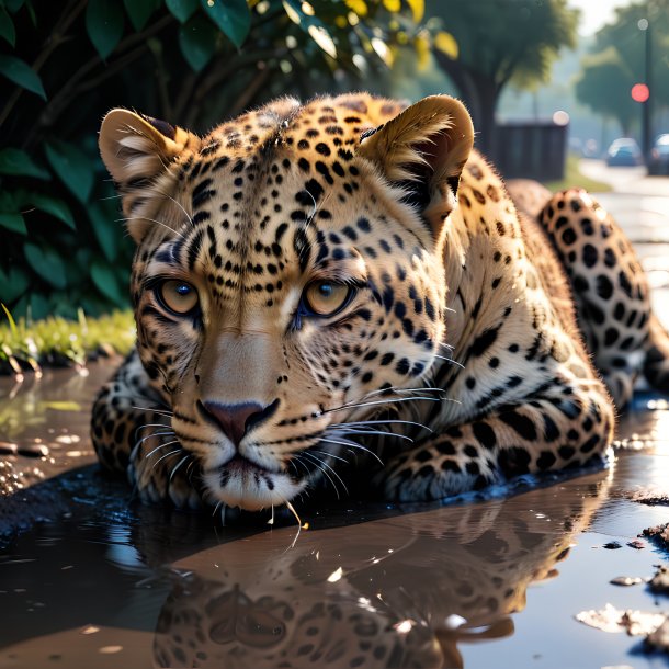 De um descanso de um leopardo na poça