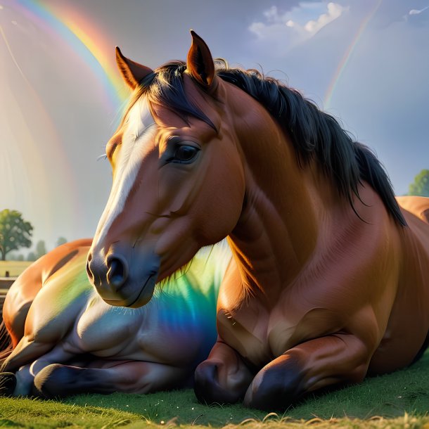 Photo of a sleeping of a horse on the rainbow