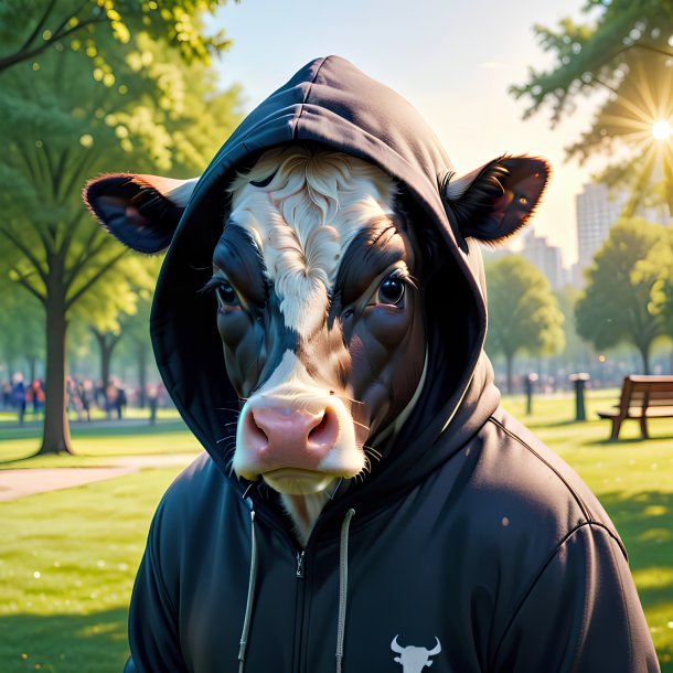 Picture of a cow in a hoodie in the park