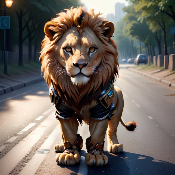 Drawing of a lion in a gloves on the road