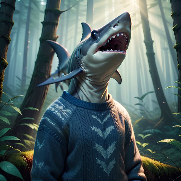 Pic of a hammerhead shark in a sweater in the forest