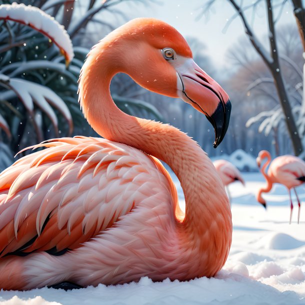 Photo of a resting of a flamingo in the snow