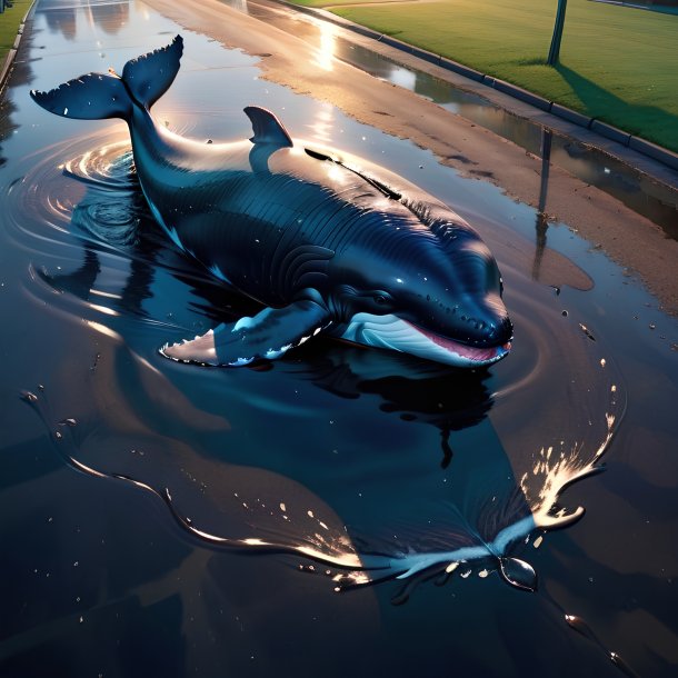 Drawing of a whale in a belt in the puddle