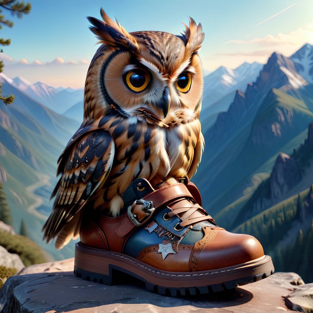 Pic of a owl in a shoes in the mountains