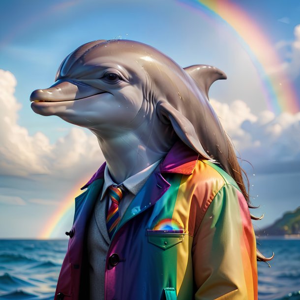 Photo of a dolphin in a coat on the rainbow