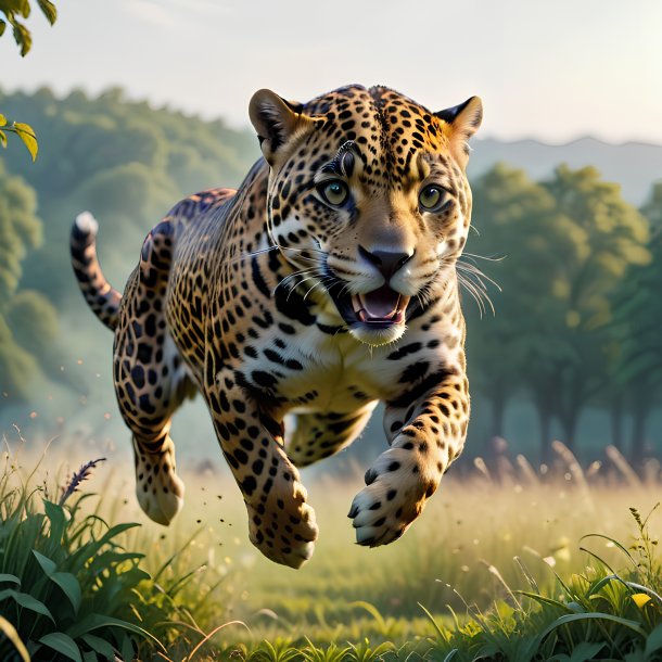 Foto de um salto de um jaguar no prado