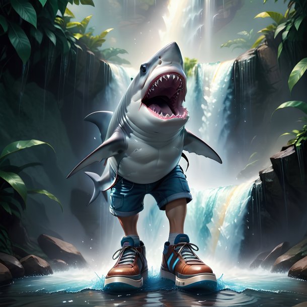 Illustration of a shark in a shoes in the waterfall