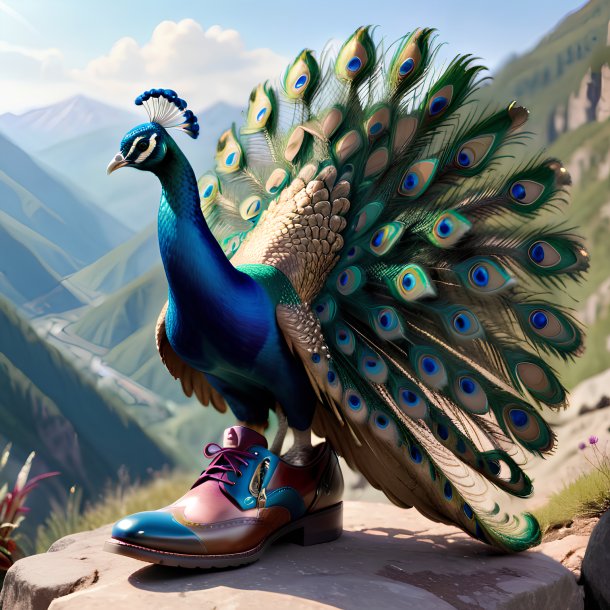 Foto de un pavo real en un zapato en las montañas