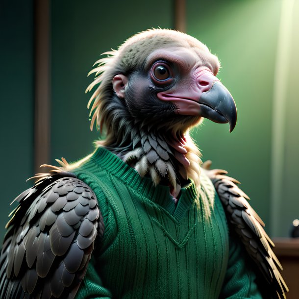 Picture of a vulture in a green sweater