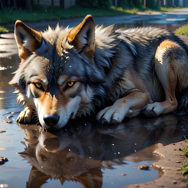 Image of a sleeping of a wolf in the puddle