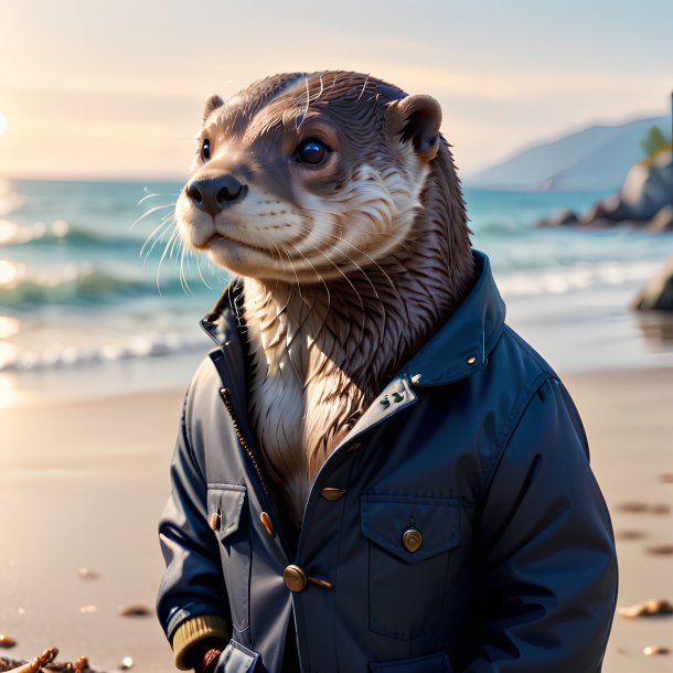 Image of a otter in a jacket on the beach