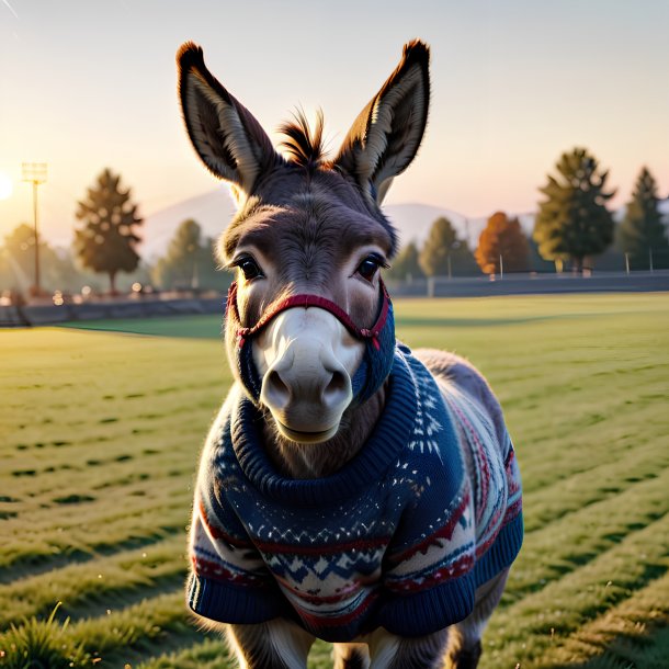 Image of a donkey in a sweater on the field