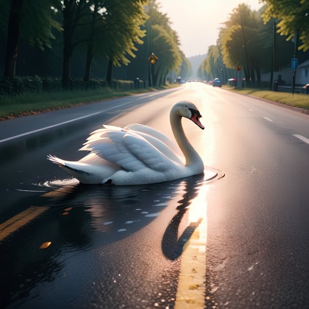 Pic d'une baignade d'un cygne sur la route