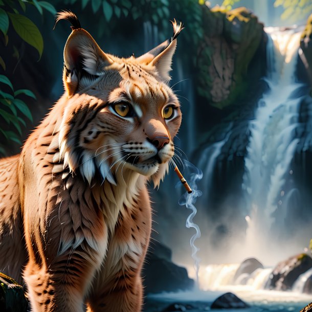 Pic of a smoking of a lynx in the waterfall