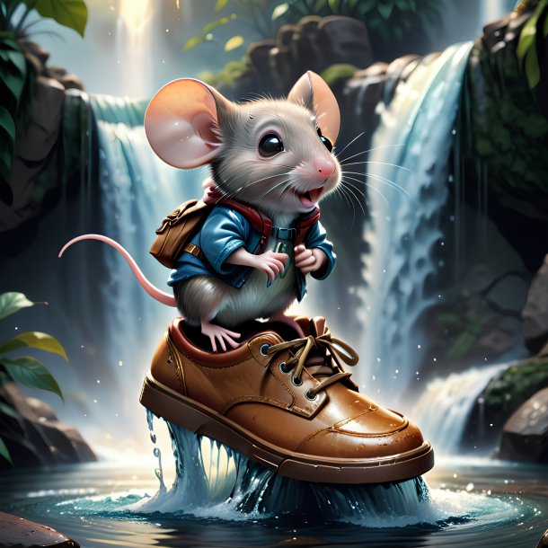 Illustration of a mouse in a shoes in the waterfall