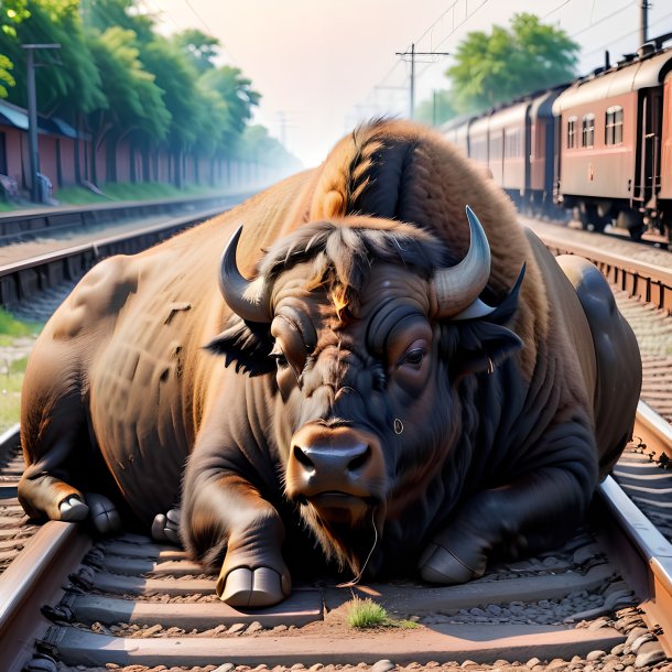 Image of a sleeping of a buffalo on the railway tracks