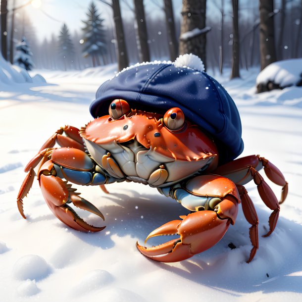 Dessin d'un crabe dans un chapeau dans la neige