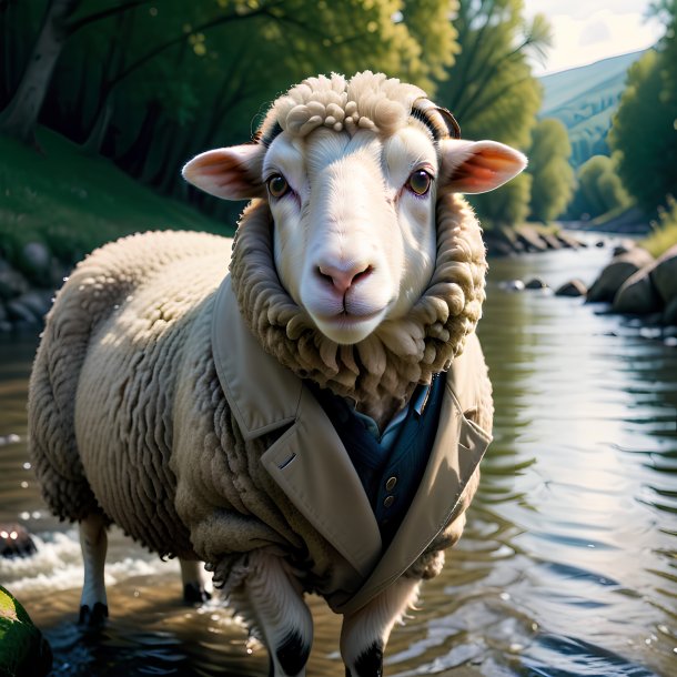 Image of a sheep in a coat in the river