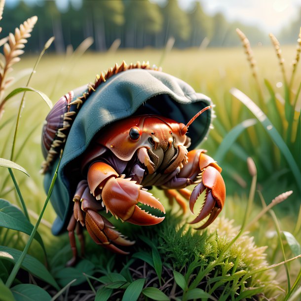 Illustration of a hermit crab in a coat in the meadow