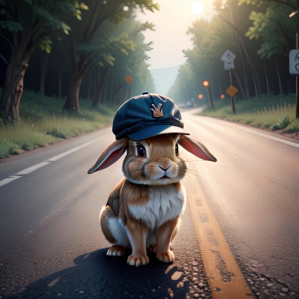 Illustration of a rabbit in a cap on the road