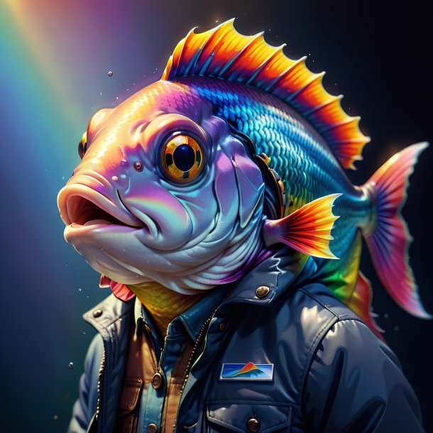 Drawing of a fish in a jacket on the rainbow