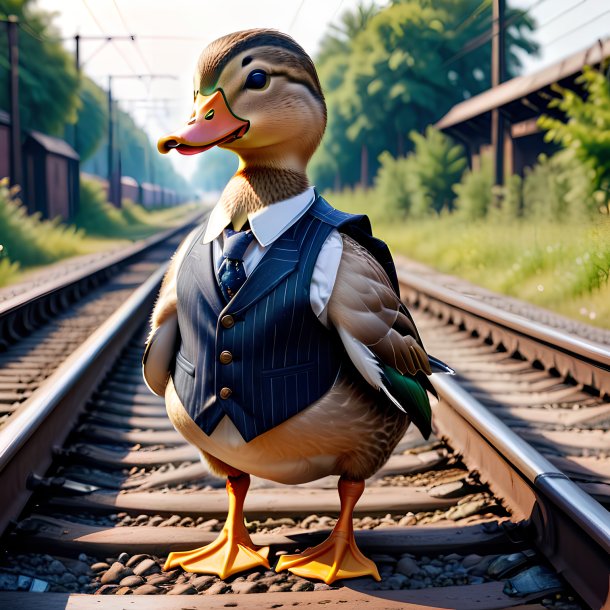 Image of a duck in a vest on the railway tracks