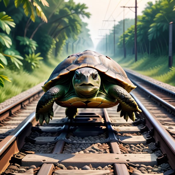 Pic of a jumping of a turtle on the railway tracks