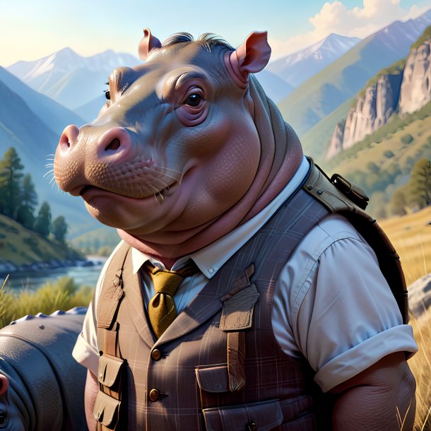 Drawing of a hippopotamus in a vest in the mountains