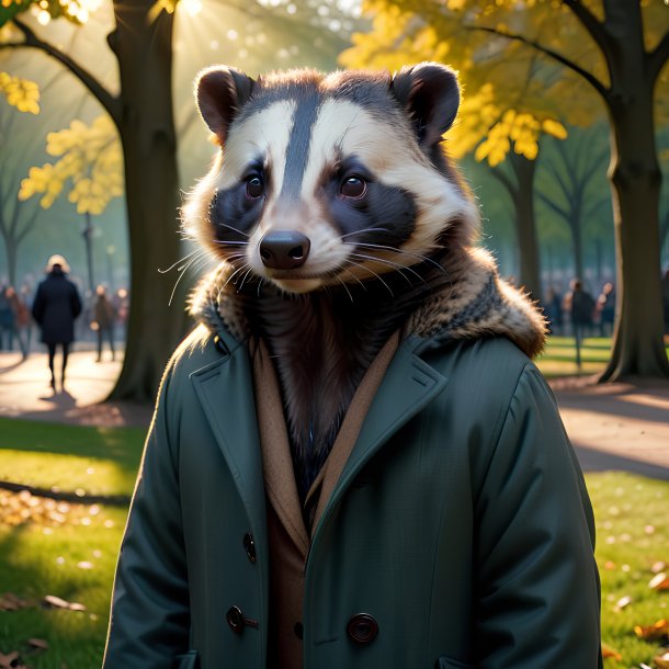 Image of a badger in a coat in the park