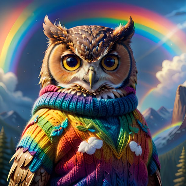 Drawing of a owl in a sweater on the rainbow