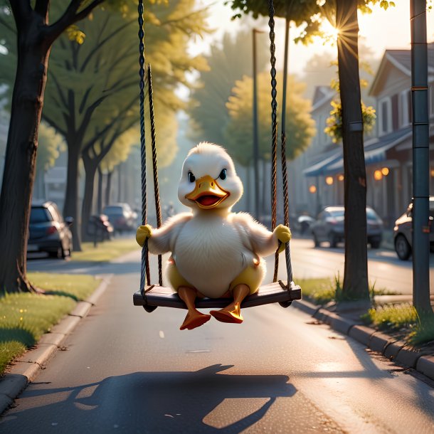 Pic of a swinging on a swing of a duck on the road