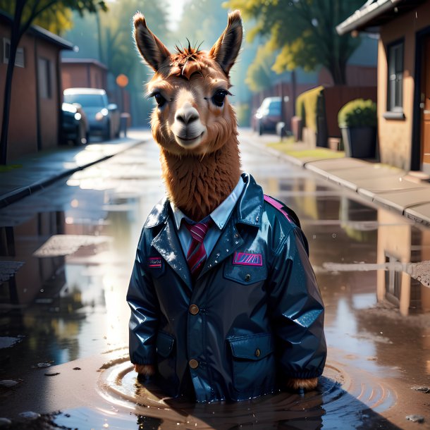 Picture of a llama in a jacket in the puddle