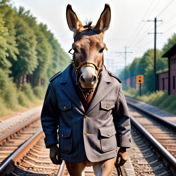 Foto de una mula en una chaqueta en las vías del tren