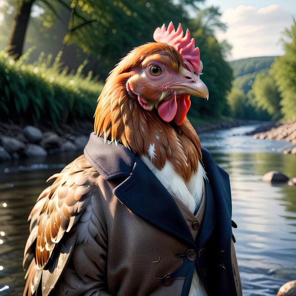 Photo of a hen in a coat in the river