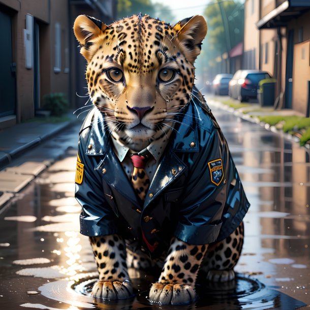 Picture of a leopard in a jacket in the puddle