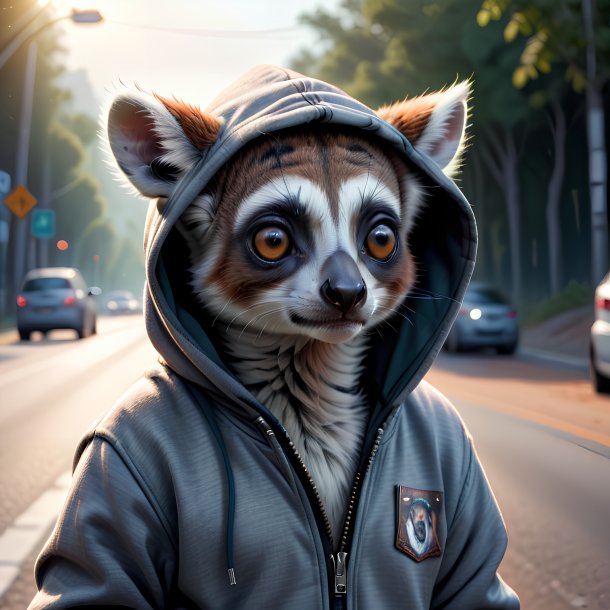 Drawing of a lemur in a hoodie on the road