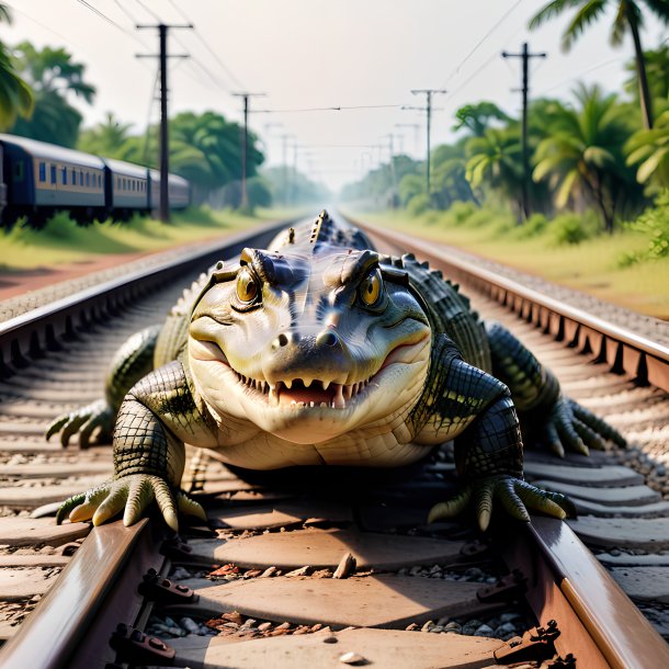 Picture of a waiting of a crocodile on the railway tracks