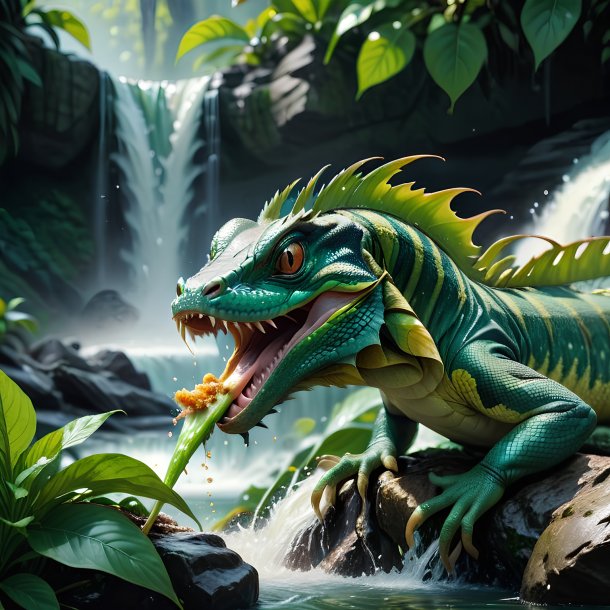 Imagem de um comer de um basilisk na cachoeira