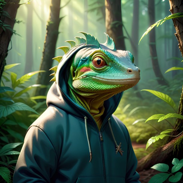 Ilustración de un lagarto en una sudadera con capucha en el bosque