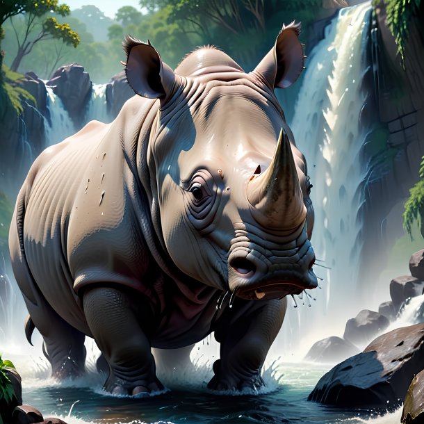 Picture of a crying of a rhinoceros in the waterfall