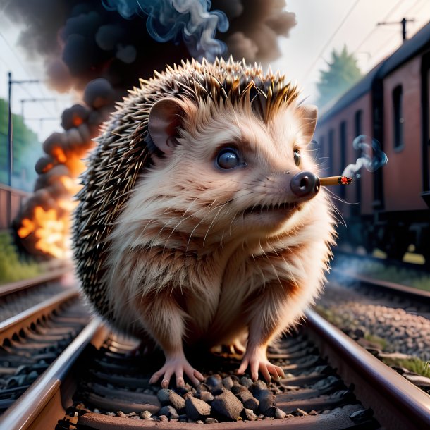 Photo of a smoking of a hedgehog on the railway tracks