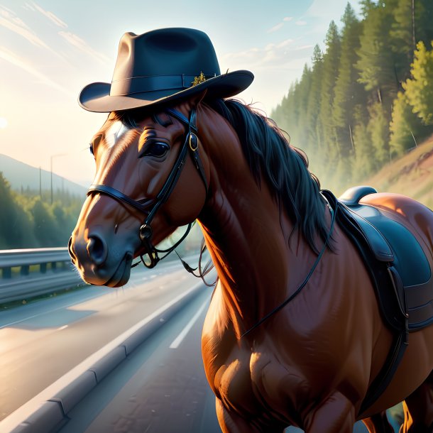 Illustration of a horse in a hat on the highway