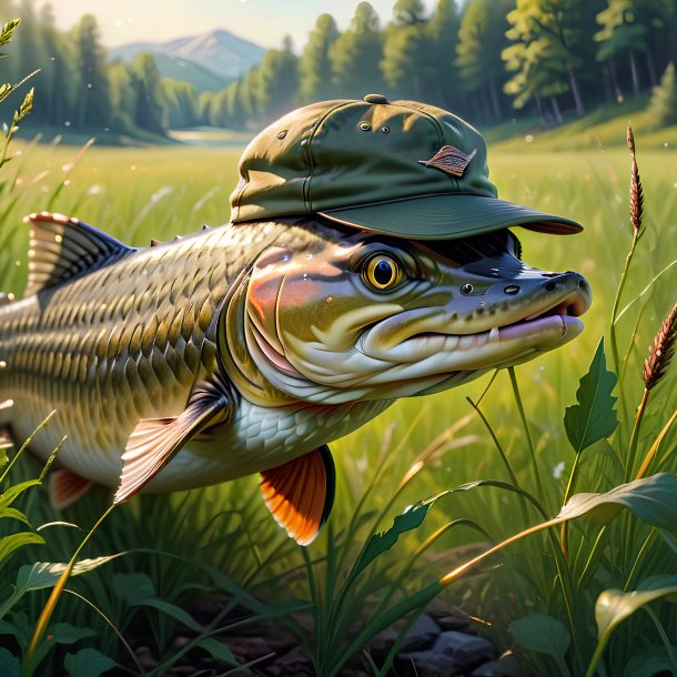 Drawing of a pike in a cap in the meadow