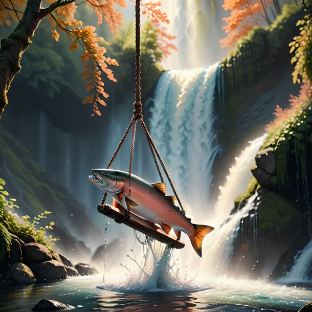 Photo of a swinging on a swing of a salmon in the waterfall