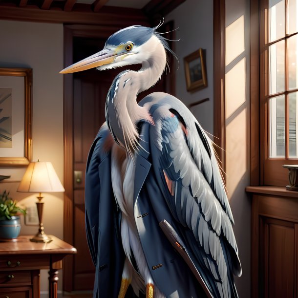 Illustration of a heron in a coat in the house