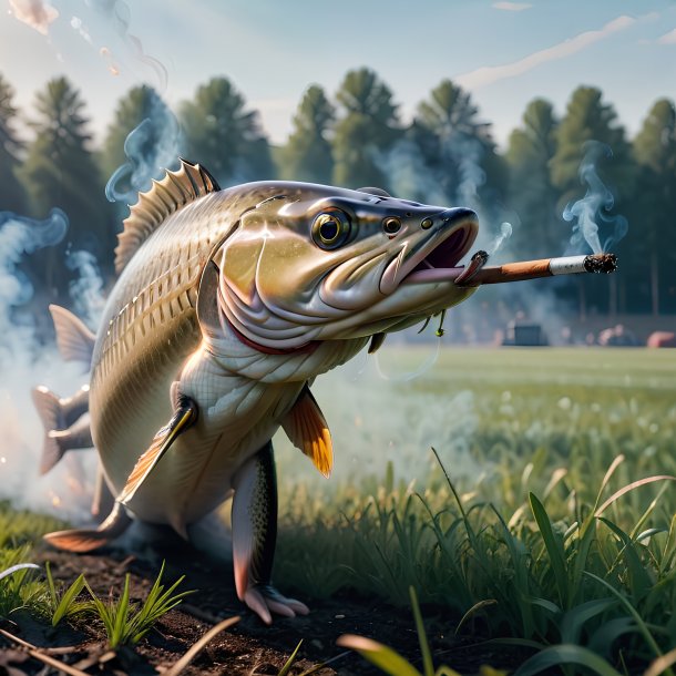 Image of a smoking of a pike on the field