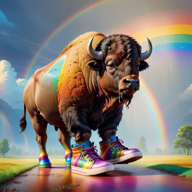 Illustration of a buffalo in a shoes on the rainbow